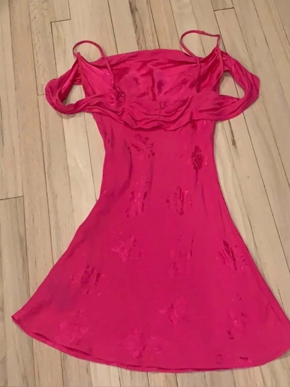 neon blonde hot pink floral off shoulder mini dress barbie core - Picture 4 of 4